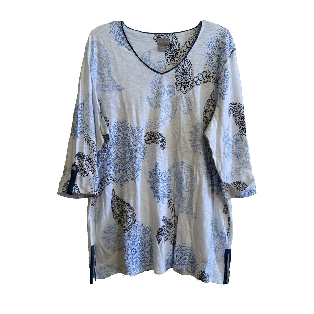 Chico's 3 Women's Paisley Blouse Top Size XL White Blue 3/4 Sleeve Tunic NWOT‎